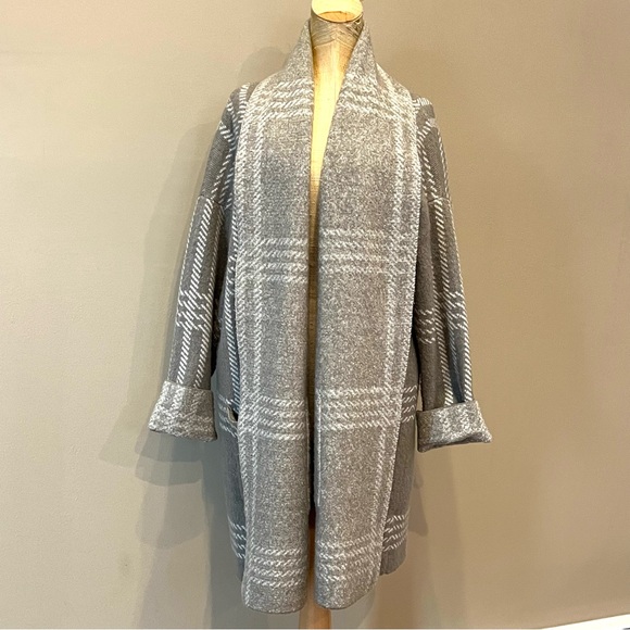 Birch NY Long Cardigan Sweater Gray Plaid Shawl Collar Sz‎ L SOFT! Spandex Blend - Picture 1 of 7